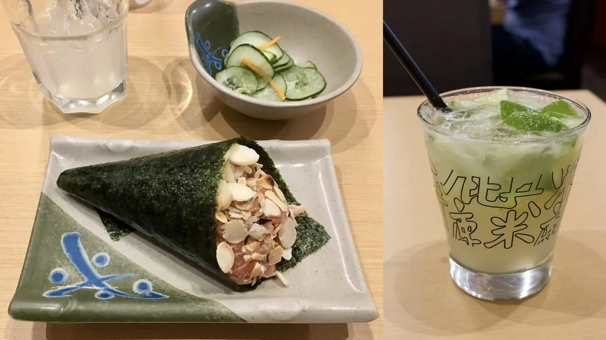 LEFT Temaki. RIGHT Saquerita (saké cocktail). Both are in the restaurant Temakeria e Cia.